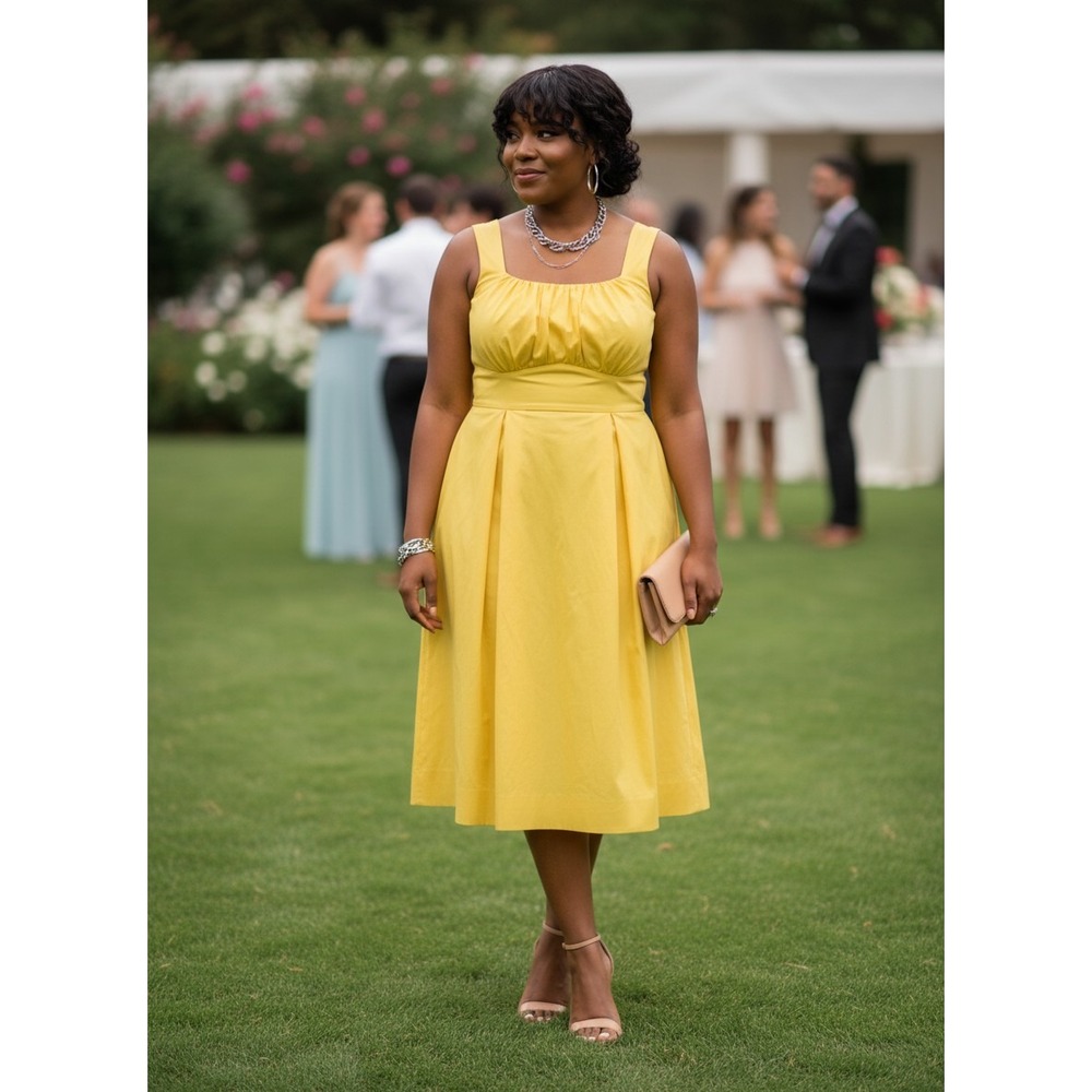 Calvin Klein Fit Flare Dress Womens 8 Yellow Excellent Pleated Square Neck ALine